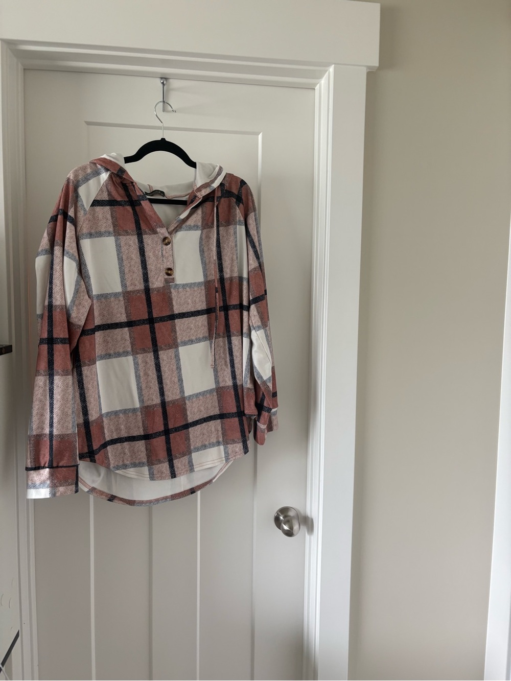 Plaid Hooded Pullover Shirt in Rust & White for Women